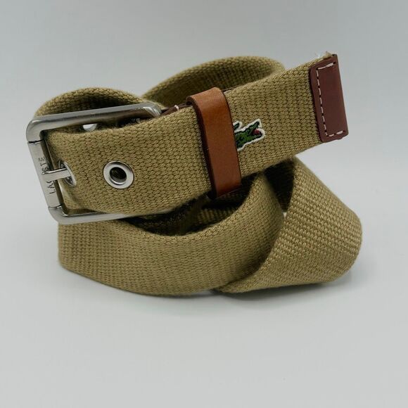 Lacoste Engraved Buckle Woven Fabric Khaki Belt - US Men’s 36 - Picture 1 of 8